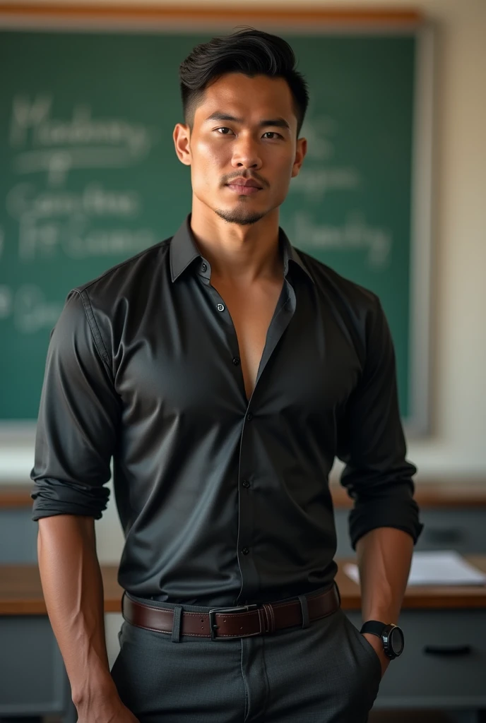 Vietnamese man, 25 years old, teacher,shiny tight clothes, tanned skin,Handsome and elegant, Wearing a uniform, sexy , Masculine and handsome,musculous,Muscles look good,,, Full body photo,(ultra-detailed, photorealistic, best quality, 4k, 8k, highres, masterpiece:1.3), a mature man, charming and distinguished , (muscular build body), wearing tailored shiny dress shirt, , perfectly fitted charcoal trousers, sweat, unbutton buttons shirt, lewd face ,tight chest, sex,See-through shirt, erotic, horny, , Accessories include a luxury wristwatch, in the Classroom,looking at viewer,muscle veins,no underwear ,Tight shirt makes muscle,unbutton,six pack,
