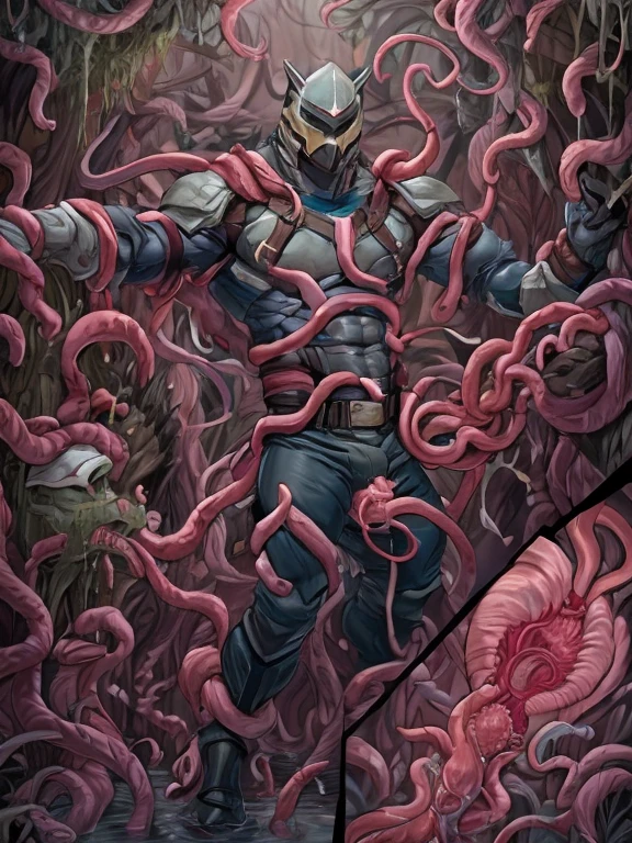 masked, Superhero, hero, strong and robust male, Armor, Tentacle entanglement, uniform, Binding hands togethe, Foreign object invasion, monster breeding, wet, slime, tentacles, slimy tentacles, monster and human breeding, Tentacles wrapped around the body, Insert tentacles into the body, Blocked mouth by tentacles, Both hands are bound, The reproductive organs are covered in tentacles, The chest was torn apart by tentacles, Tentacles penetrate deep into clothes, Wearing pants completely, Complete wearing of trousers