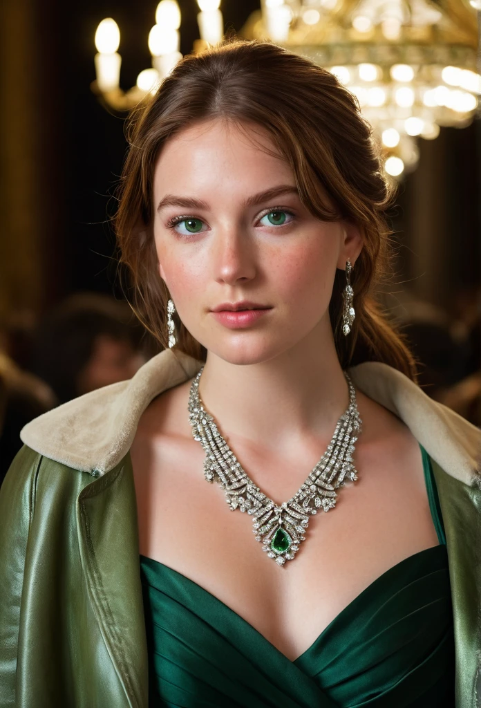 A beautiful 24-year-old woman with chestnut brown hair and deep green eyes is attending an opera. She’s dressed in an elegant gown with her light leather jacket draped over her shoulders. Her fair complexion and light freckles are illuminated by the grand chandelier light. She wears her silver necklace with a small pendant, her expression one of anticipation and delight."