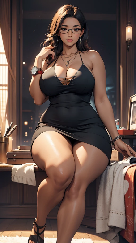 ((best quality)), ((masterpiece)), (detailed), perfect face, thicc woman, beautiful face , thicc girl , widest hips , thicc , thicc body , thicc thighs , slim arms, huge large breasts, her body is thicc, full body view, dark-black room, black bokeh background, thight dress, wearing sandles, short hairstyle, wearing a watch, tall woman, restore face, dark skin , longest thight pants , glasses , cold vibes, , 4k resolution, Ethiopian goddess, wearing black bikini #blackbikini