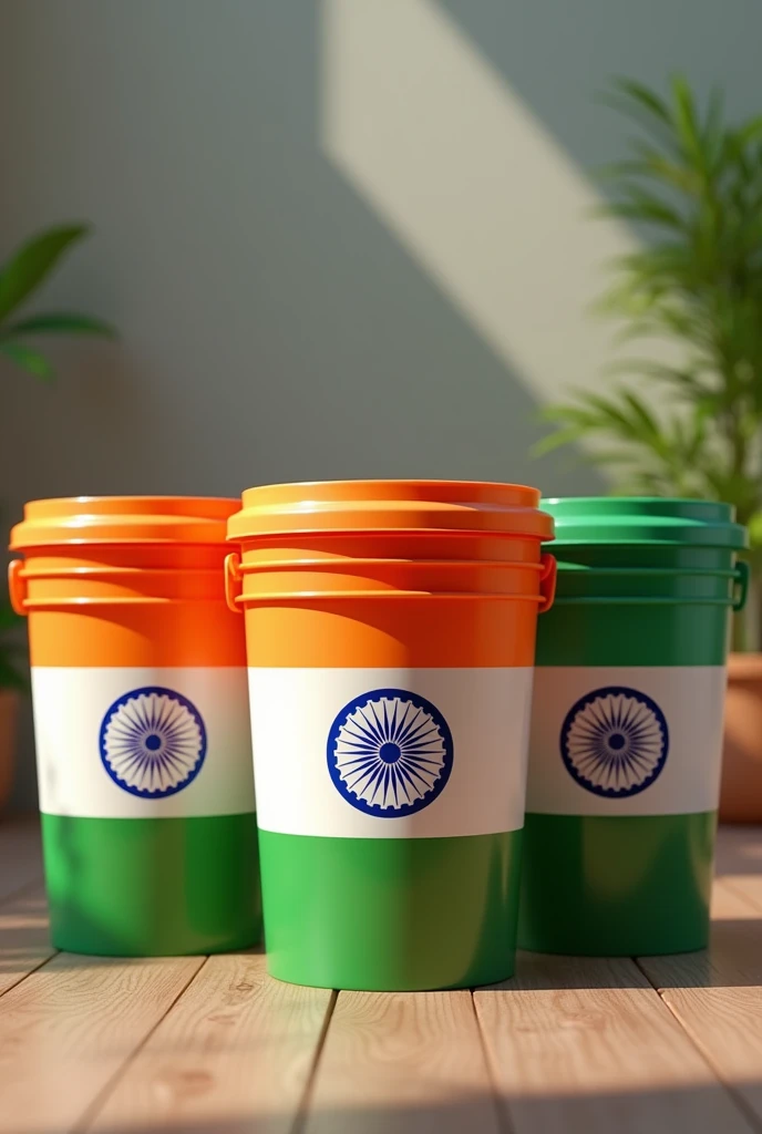 (photorealism:1.2) three big bucket plastic items representing the only flag colour of India in the background with a realistic image and the colour for the plastic items should be Indian flag colour