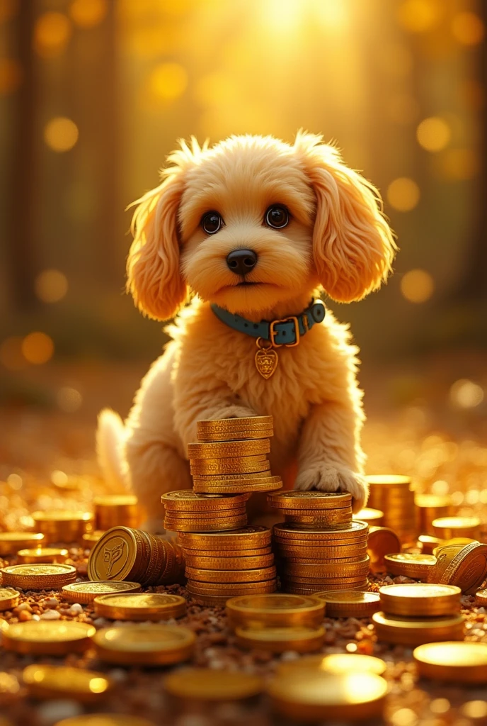 Pile of gold, Gold coins, dog, Gold coins이 하늘에서 쏟아진다. Dazzling golden, golden light