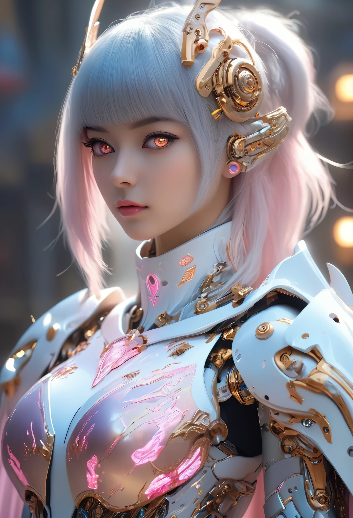 (Best Quality, 4K, 8K, High Resolution, Masterpiece: 1.2), (Super Detailed, Realistic, Photorealistic:1.37), A woman in futuristic clothing, Trending on cgstation, Trending on cgstation, (Portrait of a girl in the Knights of the Zodiac:1.4), blunt bangs, Cute Cyborg Girl, Perfect android girl, Portrait Astronaut Girl, Beautiful girl cyborg, (Girl wearing iridescent white and pink mechanical cyber armor:1.3), Game CG, cgsociety and fenghua zhong, Beautiful Cyborg Shrine Maiden, Bioluminescence, (Yua Yaiba:0.5), (Golden eyes:1.5), Anatomically correct grip, (Sharp and long claws:1.4), erotic and sexy, black, wearing A gorgeous cape with beautifully detailed embroidery, (beautiful tits, beautiful breasts, beautiful nipples:1.5), (NSFW:1.5)