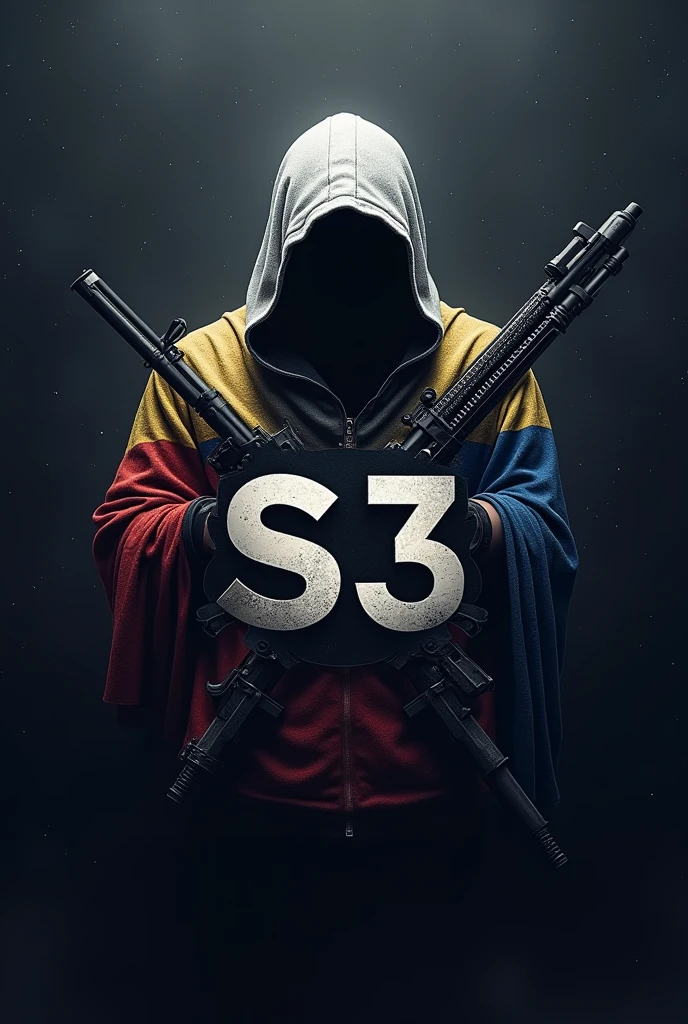 Create a logo for my Call of Duty Warzone clan called S3 that looks professional,that contains the flag of Colombia, dark, but with a little color, that contains a ghost and weapons but still looks professional, that has a space background the colors not so striking, the ghost and the weapons a little realistic, the S3 name in the middle, I emphasize, that it looks very professional, also that it has something from Colombia, it can be a flag or something but VERY PROFESSIONAL, nothing about edited.