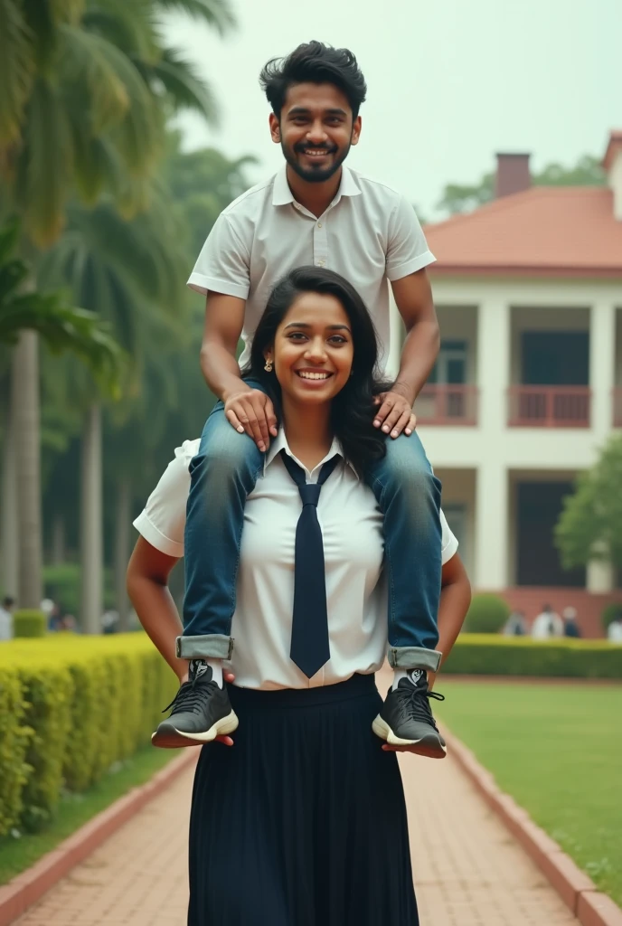a tall, smiling and beautiful Indian actress college uniform carrying a large man on her shoulders, man is sitting on her shoulder 