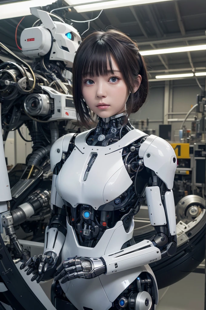 masterpiece, best quality, extremely detailed, 8k portrait,Japaese android girl,Plump ,control panels,android,Droid,Mechanical Hand, Robot arms and legs,Blunt bangs,perfect robot girl,long tube,thick cable connected her neck,android,robot,humanoid,cyborg,japanese cyborg girl ,robot-assembly plant,white robot body,She has assembled now,assembly scene,chest monitor,blue eyes,