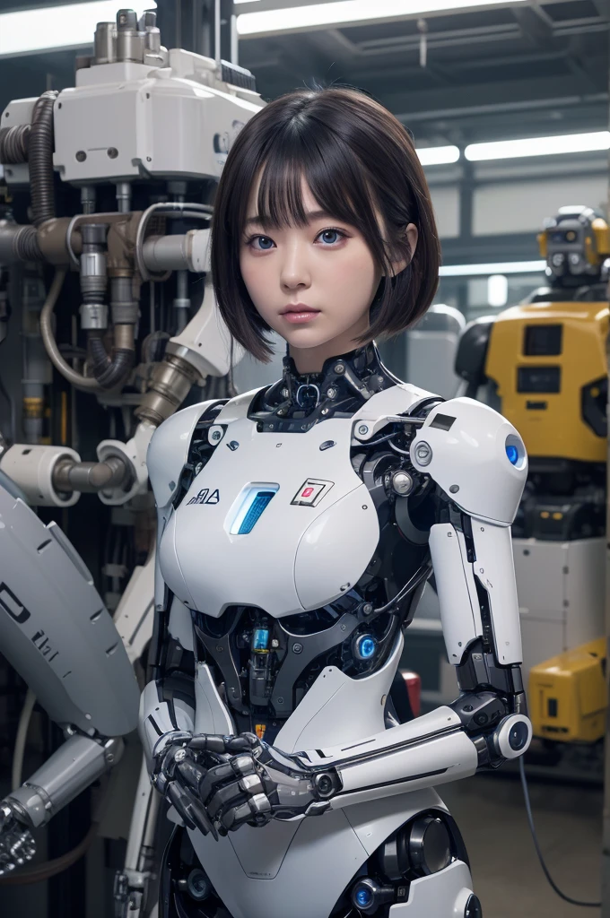 masterpiece, best quality, extremely detailed, 8k portrait,Japaese android girl,Plump ,control panels,android,Droid,Mechanical Hand, Robot arms and legs,Blunt bangs,perfect robot girl,long tube,thick cable connected her neck,android,robot,humanoid,cyborg,japanese cyborg girl ,robot-assembly plant,white robot body,She has assembled now,assembly scene,chest monitor,blue eyes,