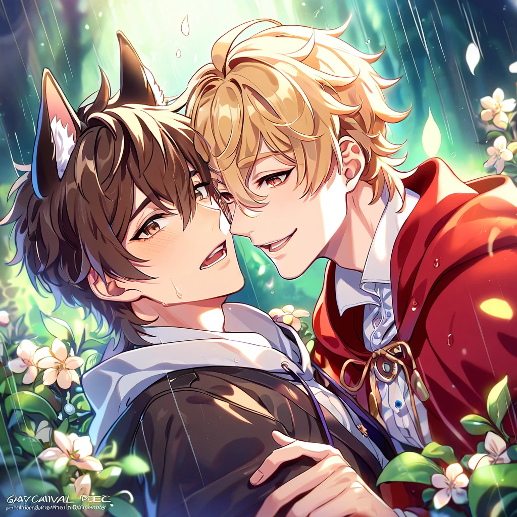 absurdres, highres, ultra detailed, HDR, master piece, best quality, extremely detailed, detailed eyes, Quincy as the wolf, blonde hair, messy hair, hair between the eyes, expressive amber eyes, wolf ears, Nu Carnival, Eiden as the red riding hood, brown hair, expressive brown eyes, two sexy men together, yaoi, gay couple, The Red Riding Hood And The Wolf, fantasy clothes, red hooded cape, spring, flowers, green leaves, magical forest, fantasy, rain, night