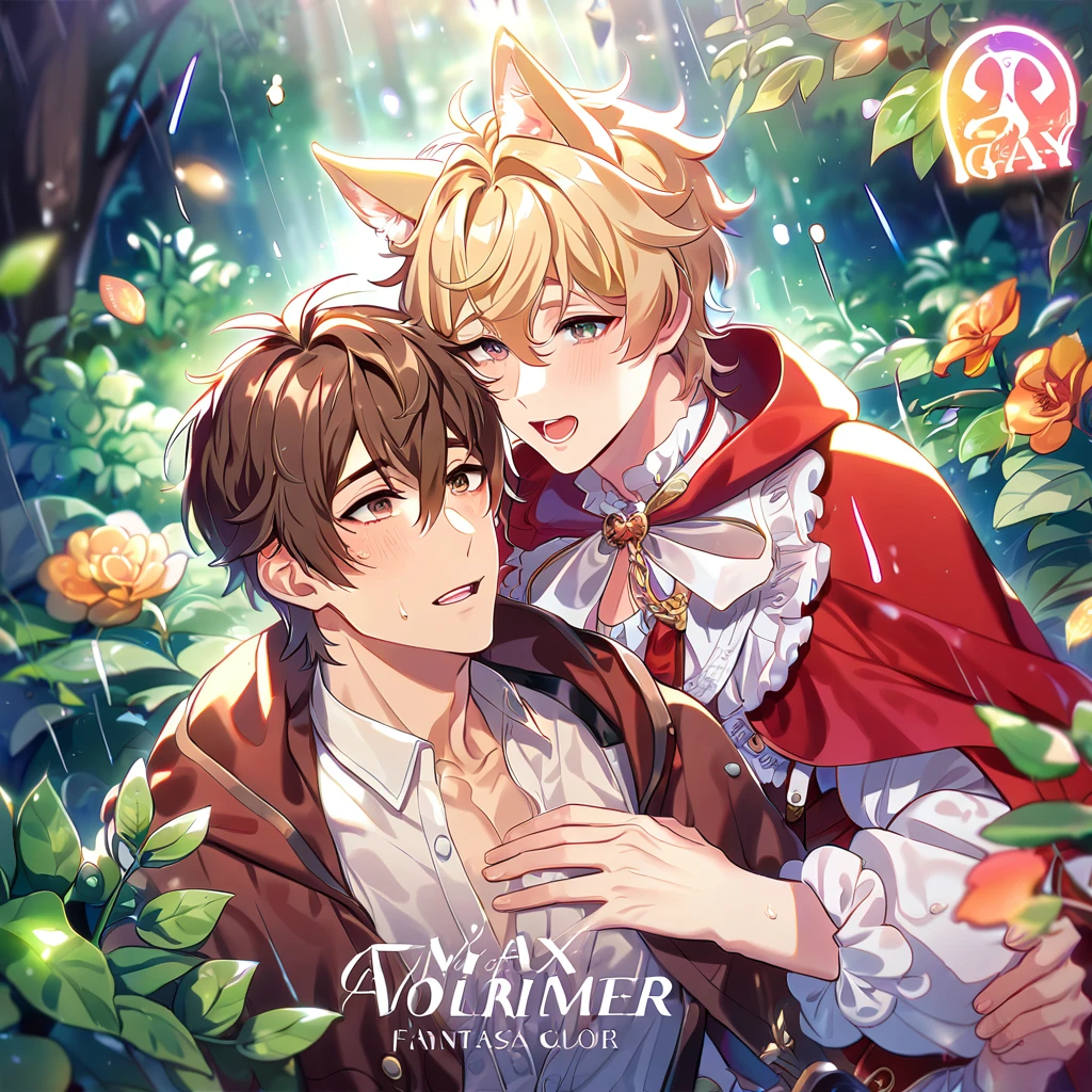 absurdres, highres, ultra detailed, HDR, master piece, best quality, extremely detailed, detailed eyes, Quincy as the wolf, blonde hair, messy hair, hair between the eyes, expressive amber eyes, wolf ears, Nu Carnival, Eiden as the red riding hood, brown hair, expressive brown eyes, two sexy men together, yaoi, gay couple, The Red Riding Hood And The Wolf, fantasy clothes, red hooded cape, spring, flowers, green leaves, magical forest, fantasy, rain, night