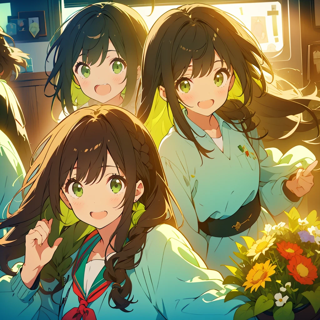 A boyish girl with long dark brown hair and green eyes、Highlight on eyes、celebration、bouquet、Detailed facial expressions、smile、whole body、Uplifting、smiling、Jumping、No background、Draw a single person
