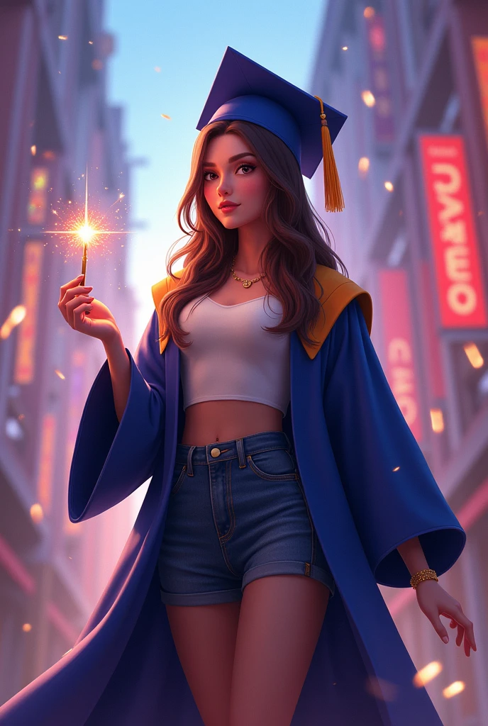 Create an image where a female graduate makes the Disney logo in the lower left corner with a wand and at the top it says "We are promo 66 and you are watching our senior year"