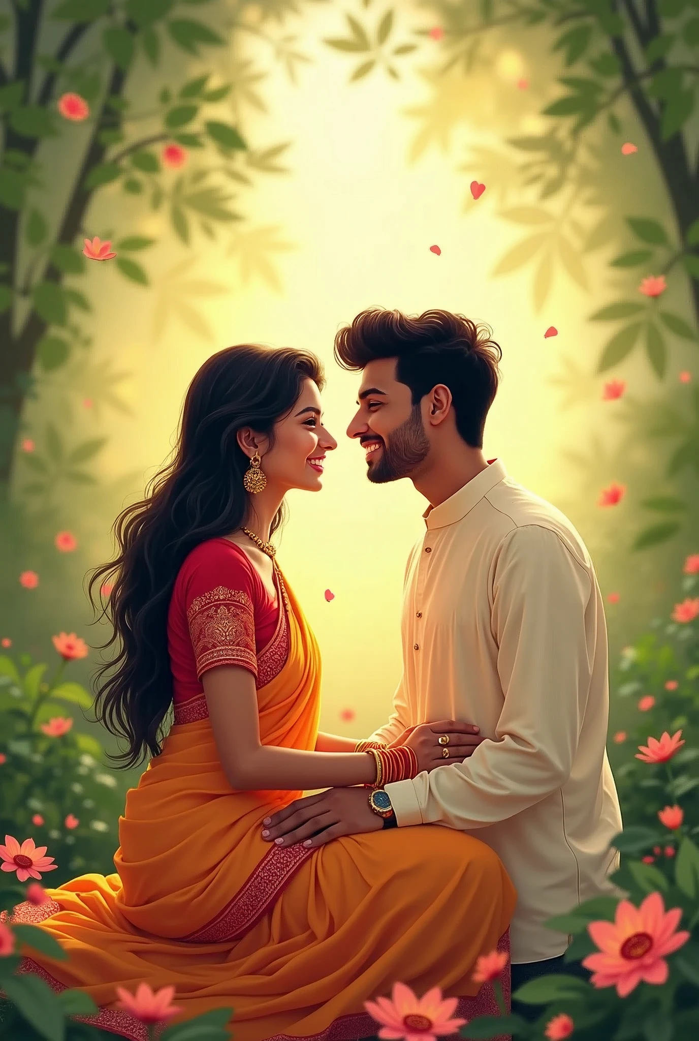 Beautiful southindian couples. Romantic sitting. Illustration image. Romantic look and smile