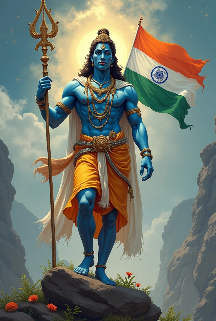 Shree Ram Ji in blue body with holding Indian flag