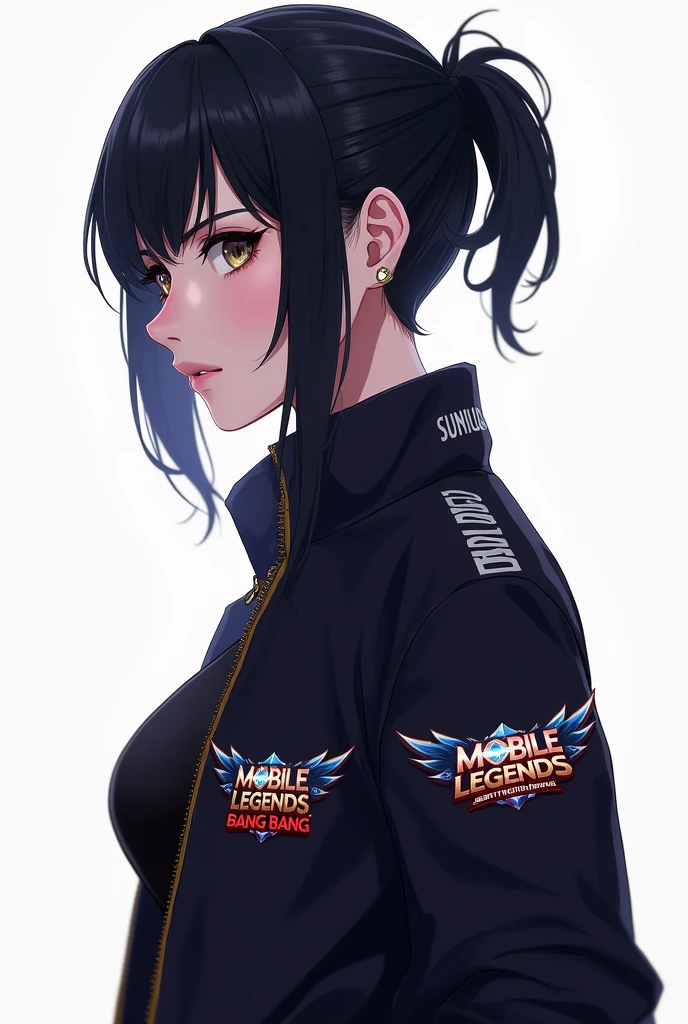 Anime woman with no bangs, facing back with side head not full face wearing jacket with logo of mobile legends bang bang and with my last name SUMIQUIAB