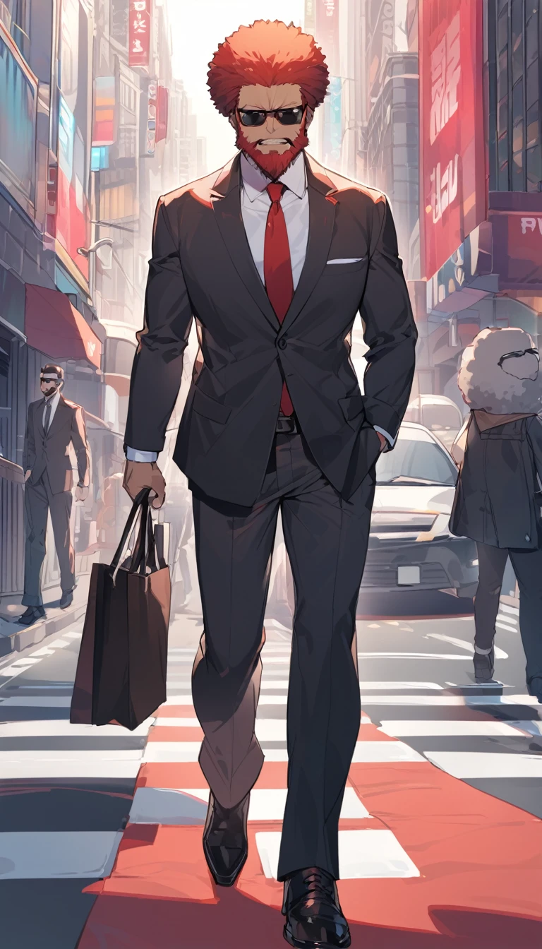 A man with an afro、Tired face、sunglasses、beard、business suit、Red light、Crossing the street、