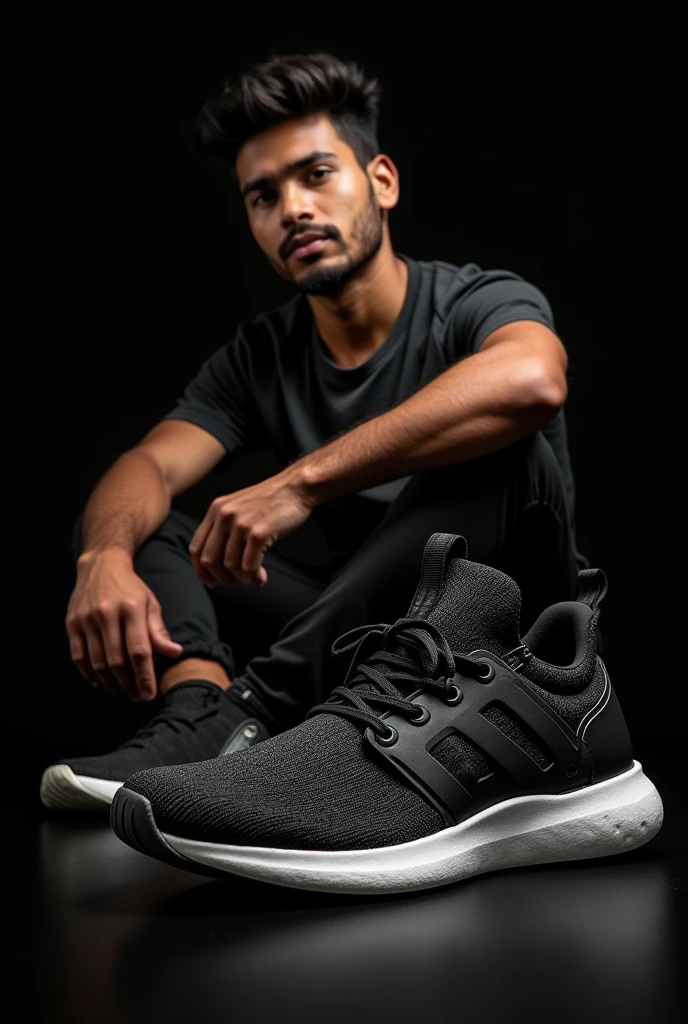 Generate realistic pictures of a young Indian male model with average physique posing with sports shoes on a black background. The images must be extremely realistic. The poses must be very creative. And shoes must be visible perfectly as it is for a shoes brand