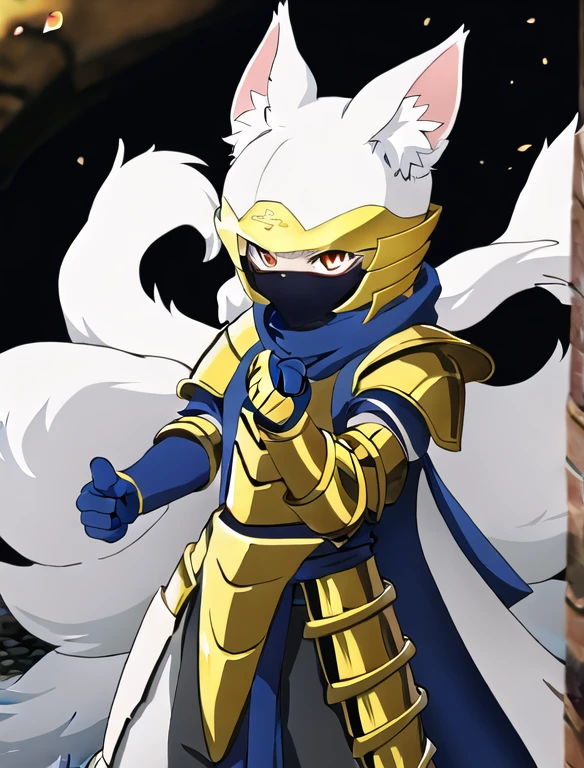 ice ninja , gold armor , gown , white kitsune , ninja