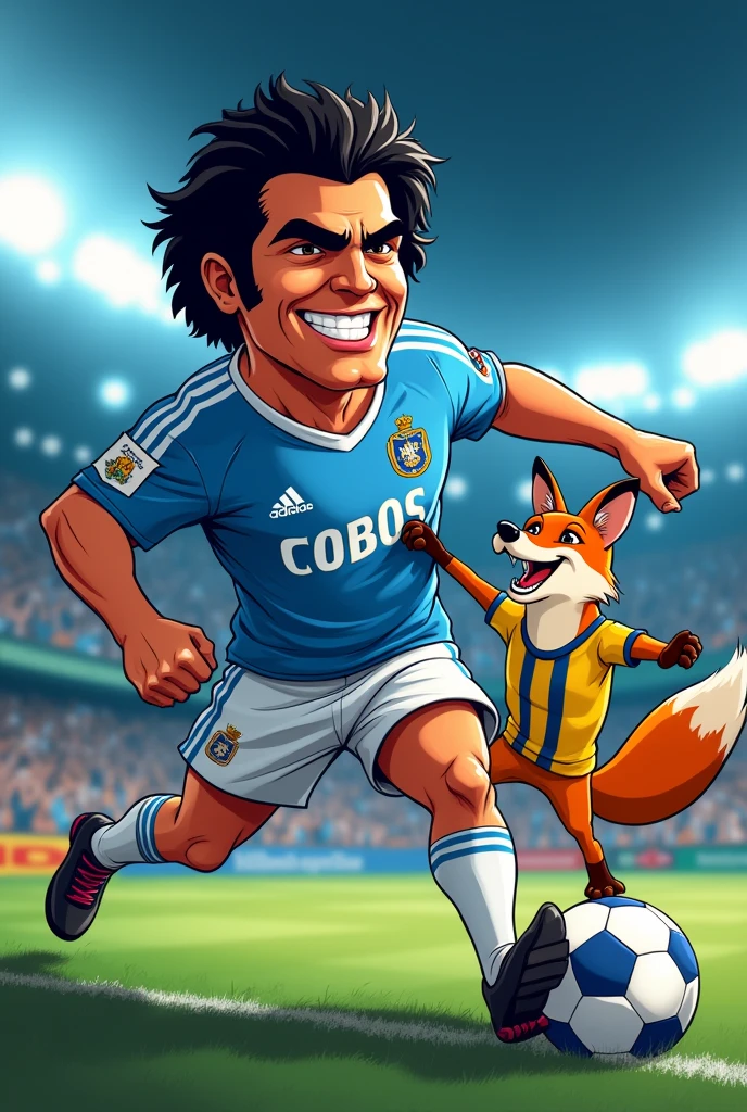 The player Diego Maradona cartoon version wearing the Boca Júniors shirt holding a fox by the neck wearing the Cruzeiro Esporte Clube shirt in a football stadium