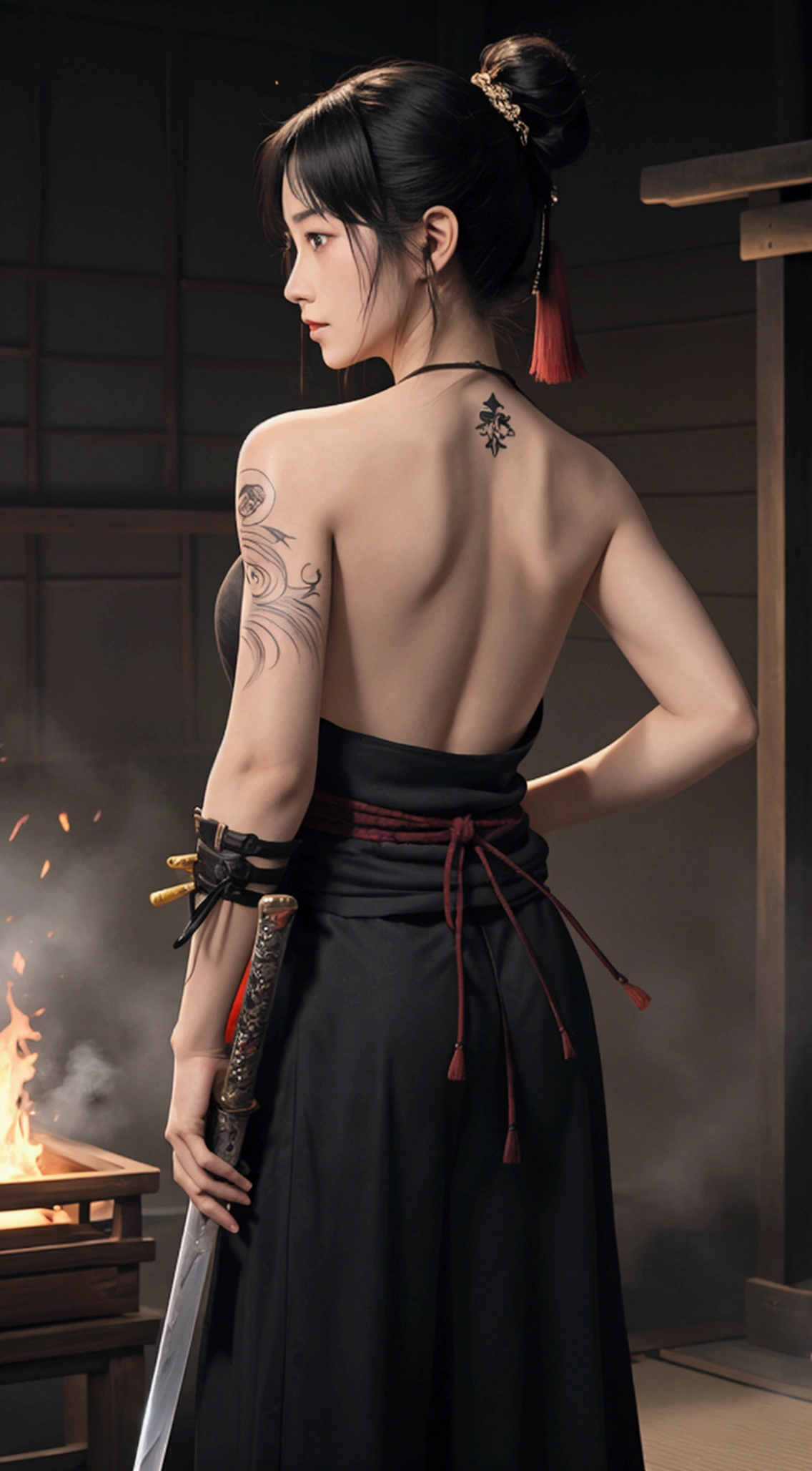 (Japanese sword &reference;Muramasa 2&reference;.2)Beautiful 27 year old woman、Japanese women、Tie your hair back、Hair ornament artist、Shinobi Costume、Warrior、Clear Eyes、{Arm tattoo(SakuraFubuki}'Back Tattoo、Warrior、(Japanese swordを両手で構える、1.3)(Japanese sword1.2)Intermediate position、In front of the body、(Hold the sword horizontally 1.3)、whole body、Long Blade Sword、Realistic battle scenes、敵Warriorの返りBlood、Blood、High resolution、Highest quality、Very detailed、8k、background、The castle is burning、Sparks fly、