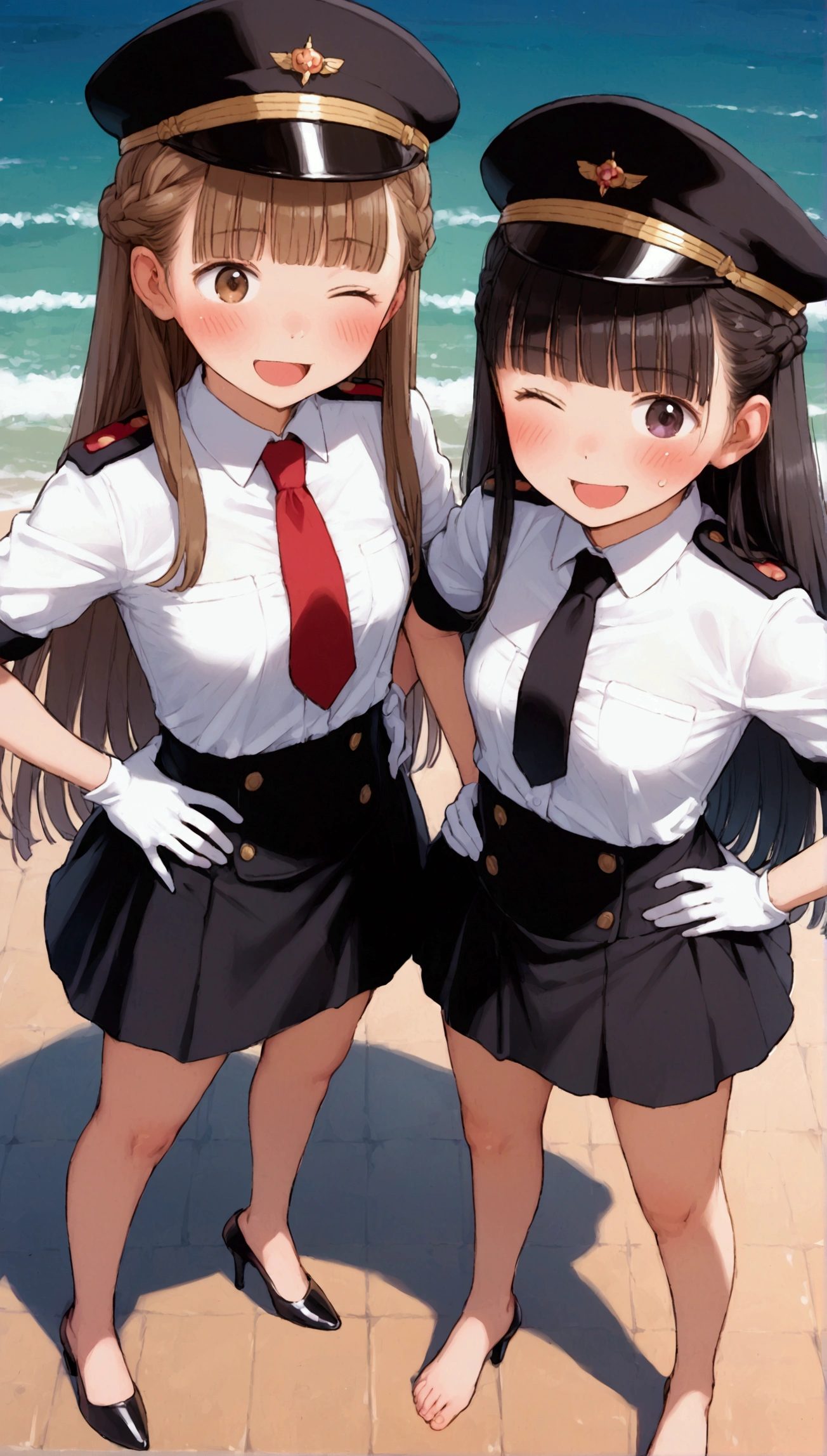 {Highest quality}, {Super beautiful},{Ultra fine},{Best illustration},Brown Hair,Hime cut,long hair,Braid,Two Women,Standing Woman,Strike a pose,Adult women,smile,Excited face,Wink,Uniform cap,White Shirt,Short sleeve,long black skirt,White gloves,Night Festival,Blushing,Slender,Black stiletto heels,barefoot,From an angle,From above,Put one hand on your hip,Spread your legs,Wave hands with both hands