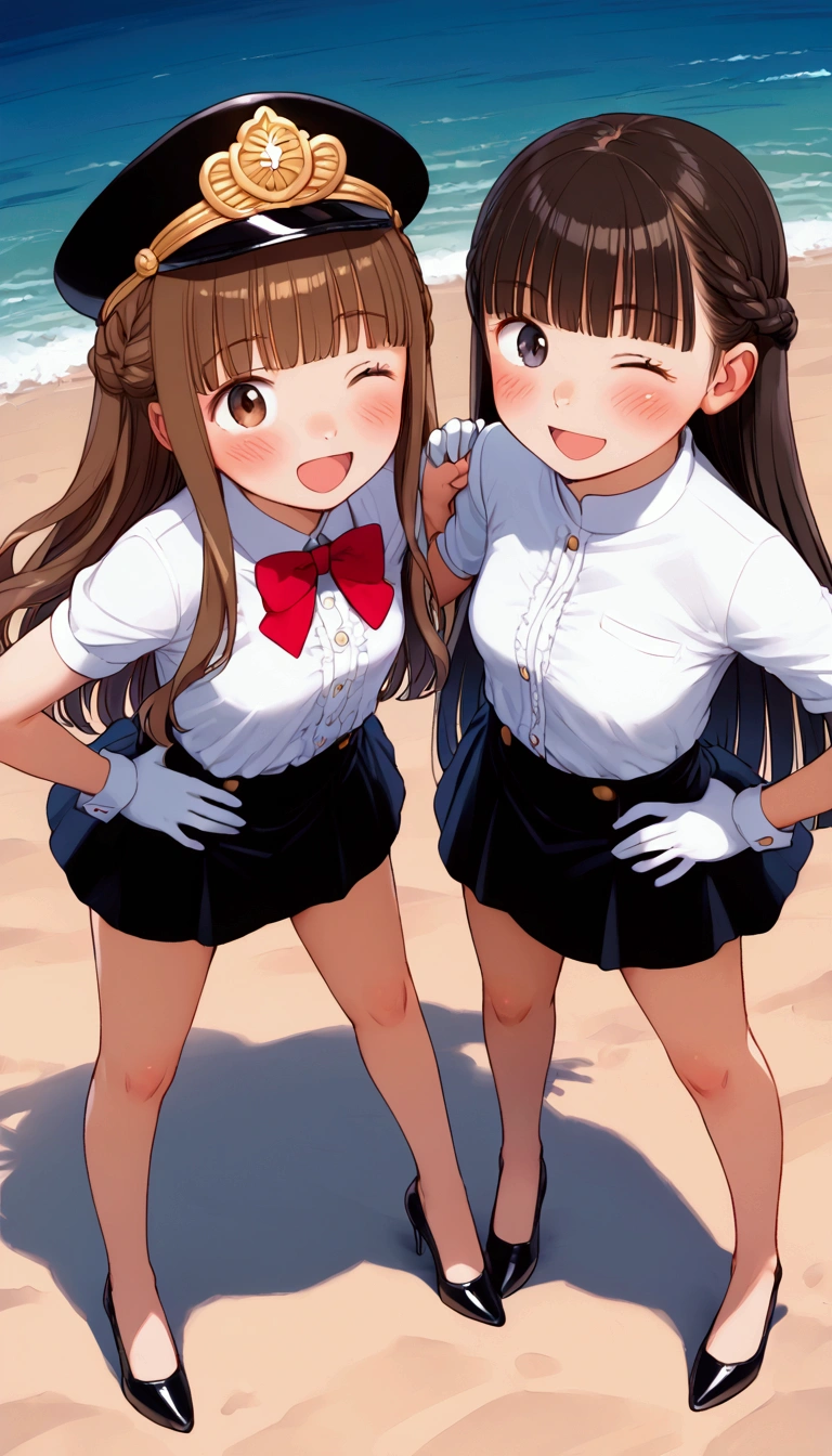 {Highest quality}, {Super beautiful},{Ultra fine},{Best illustration},Brown Hair,Hime cut,long hair,Braid,Two Women,Standing Woman,Strike a pose,Adult women,smile,Excited face,Wink,Uniform cap,White Shirt,Short sleeve,long black skirt,White gloves,Night Festival,Blushing,Slender,Black stiletto heels,barefoot,From an angle,From above,Put one hand on your hip,Spread your legs,Wave hands with both hands