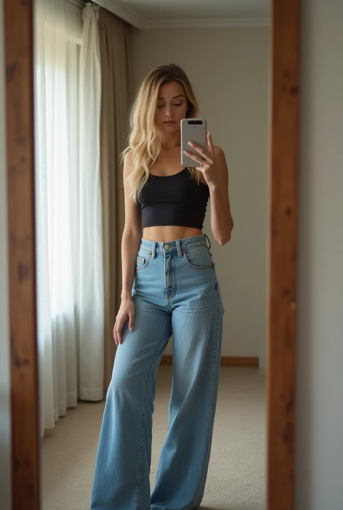 there is a young woman with middle dark blonde hair posing for a picture, she is wearing a jeans and a top,there is a woman taking a selfie in a mirror, 8k selfie photograph, taken in the early 2020s, fit pic, outfit photo, mirror selfie, 2 4 year old female model, standing in corner of room, full body shot!!, full body picture, low quality photo,