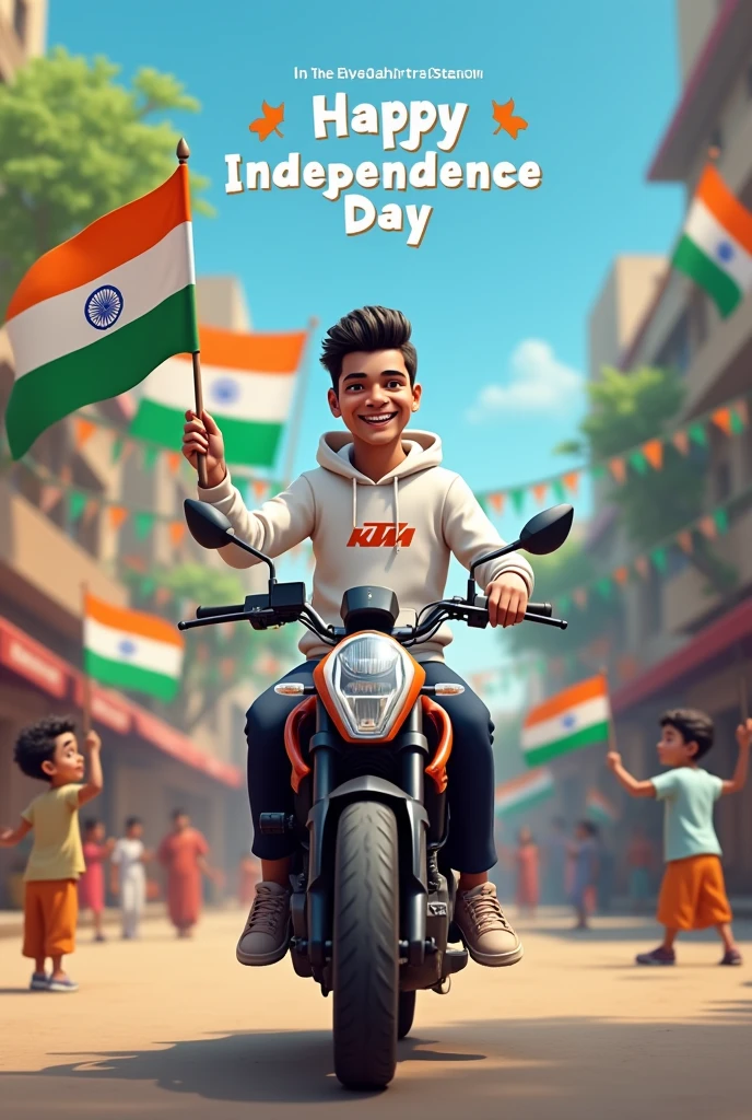 Scene of a 16-year-old Indian boy riding a bicycle with the Indian flag attached to the back. The streets are decorated with tricolor flags and streamers. His t-shirt reads ‘Aditya,’ and the text ‘Freedom Ride’ is displayed in 3D at the top.”