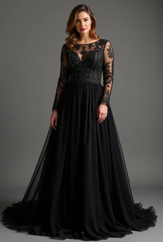 Plus size women's long party dress, In the black color, with long, flowing sleeves in embroidered tulle and a full skirt in embroidered tulle