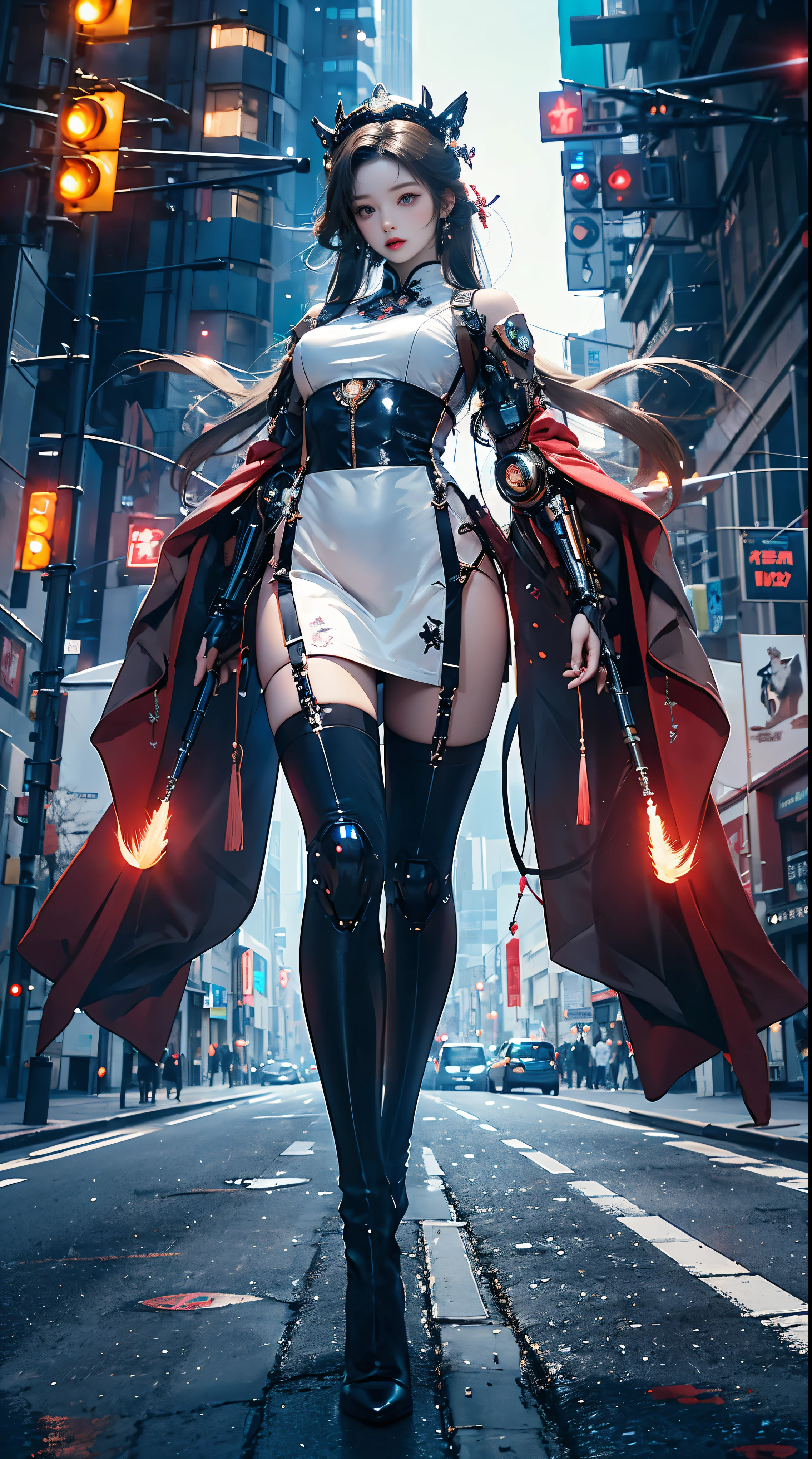 Masterpiece, best quality, high resolution, one woman, from below, very thin and straight legs, very long legs, straight legs, high heels, long legs, perfect body with perfect legs, front view showing long legs, perfect body, exterior, telegraph slang, dynamic pose, exquisite eyes, brown eyes, eye shadow, wearing makeup, long blonde hair, detailed face, detailed eyes, looking at viewer, blusher (wearing makeup), plump lips, red lips, long gray hair (1.3), mechanically static, summon mech, headdress (1.1), headgear, dressed like a student in , black lace stockings, stocking suspenders, city, luminous winding, with a gun in hand, weapon, completely mechanical and futuristic elements, technology, background is modern New York City streets with cars passing by, sky, slim (1.2), dramatic lighting, vivid details.