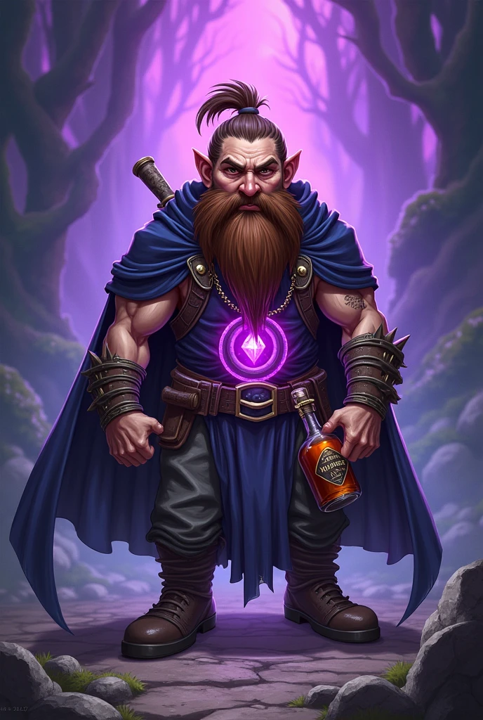 Dnd rock gnome, large nose, athletic build, long brown hair, manbun, short trimmed beard, fantasy warlock, purple glow, dark cloak, holding a rum bottle, wearing a magic crystal necklace, anime warrior, manga artstyle,