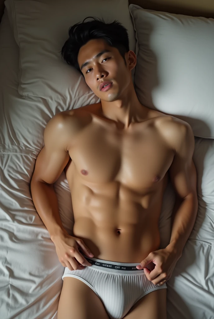 Asian gentleman in a briefs, handsome man, handsome guy, handsome asian man, fit body muscular ,full Body Shoot, male underwear,super tight shiny micro panties, tanned skin,briefs, portrait, detailed facial parts, Manly, Charmer, Active Boy, sleeping, sleeping on bed, lie down, legs opened, harness, mouth opened, perfect anatomy, symmetric body, asian boy 25-year-old, shirtless :: high detail, asian, a little six packs attractive body, realistic, human skin, handsome chad chin, shirtless, handsome, lean muscle, attractive, slim, masculine, sexually attractive, human skin, (eyes contact), Handsome, Attractive, bulge in briefs, The crotch is raised, bright tone, realistic