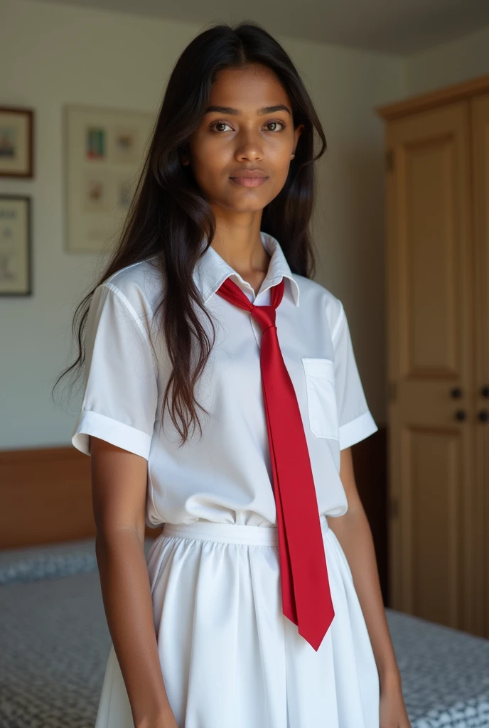 there is a sri lanka 20 years woman in a white dress and a red tie, wearing school uniform, wearing a school uniform, of a schoolgirl posing, girl wearing uniform, in a bedroom, school girl, next to a cupboard, cute schoolgirl, teenage female schoolgirl, dressed as schoolgirl, photo taken with canon 5d,full body shot portrait, wearing school uniform