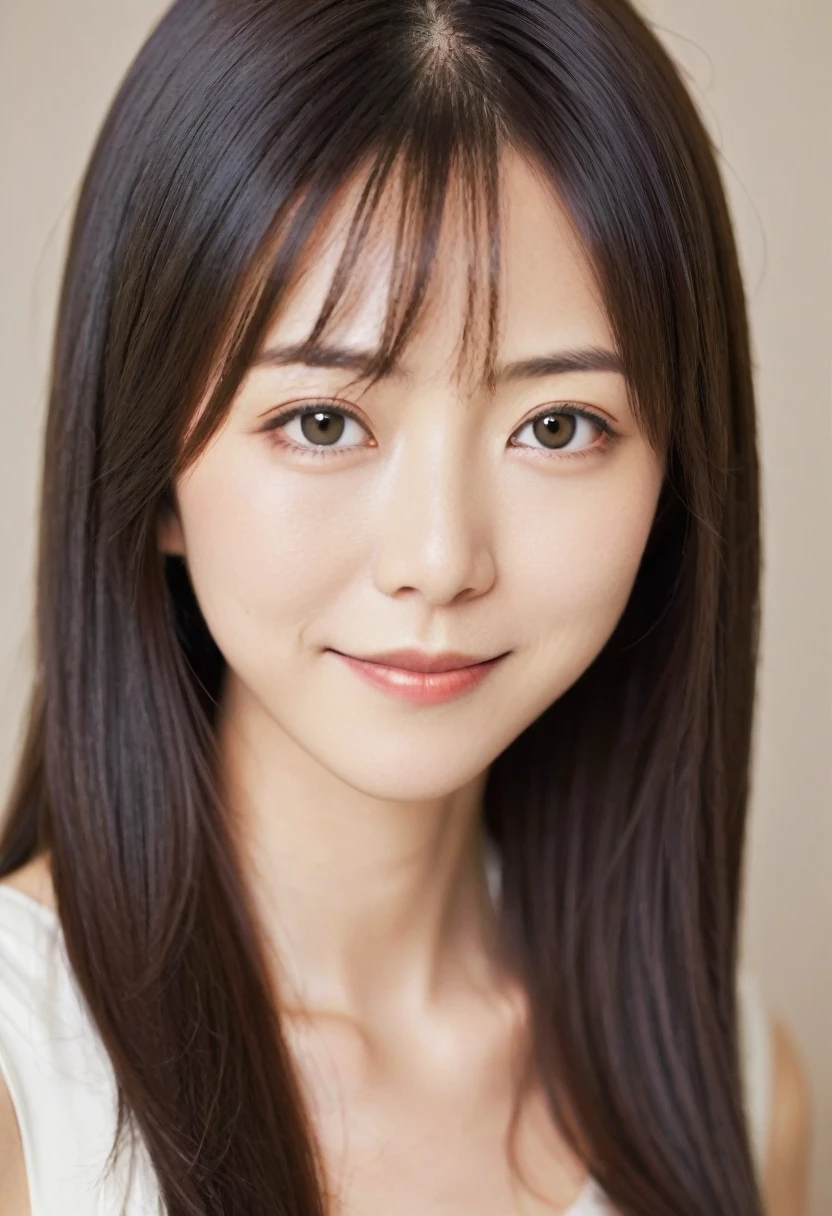 Yurie Okamoto、Age 35、Long straight hair、Lifted eyes、Fox Eyes、黒い透けたワンピース