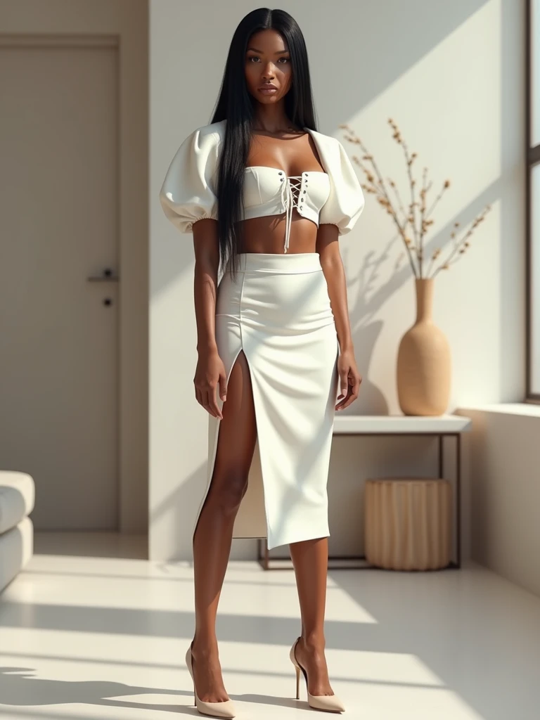 masterpiece,super-realistic-photo,hyper-detailed-photo,16K,SHD,A tall, slender woman with long, straight black hair stands confidently in a stylish, modern room. She is wearing a white two-piece outfit: a crop top with short puff sleeves and lace-up detail at the front, paired with a matching high-waisted, long skirt with a front slit. The outfit accentuates her toned midriff and legs. She is also wearing nude high heels, which further elongate her legs. The room around her has a minimalist design, with neutral tones and subtle decor, including a table with vases and other small items in the background. The overall ambiance is chic and elegant, highlighting her poised and fashionable appearance