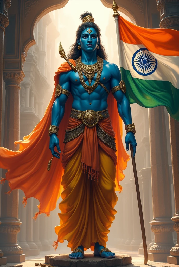 Shree Ram Ji in blue body with holding Indian flag in hand