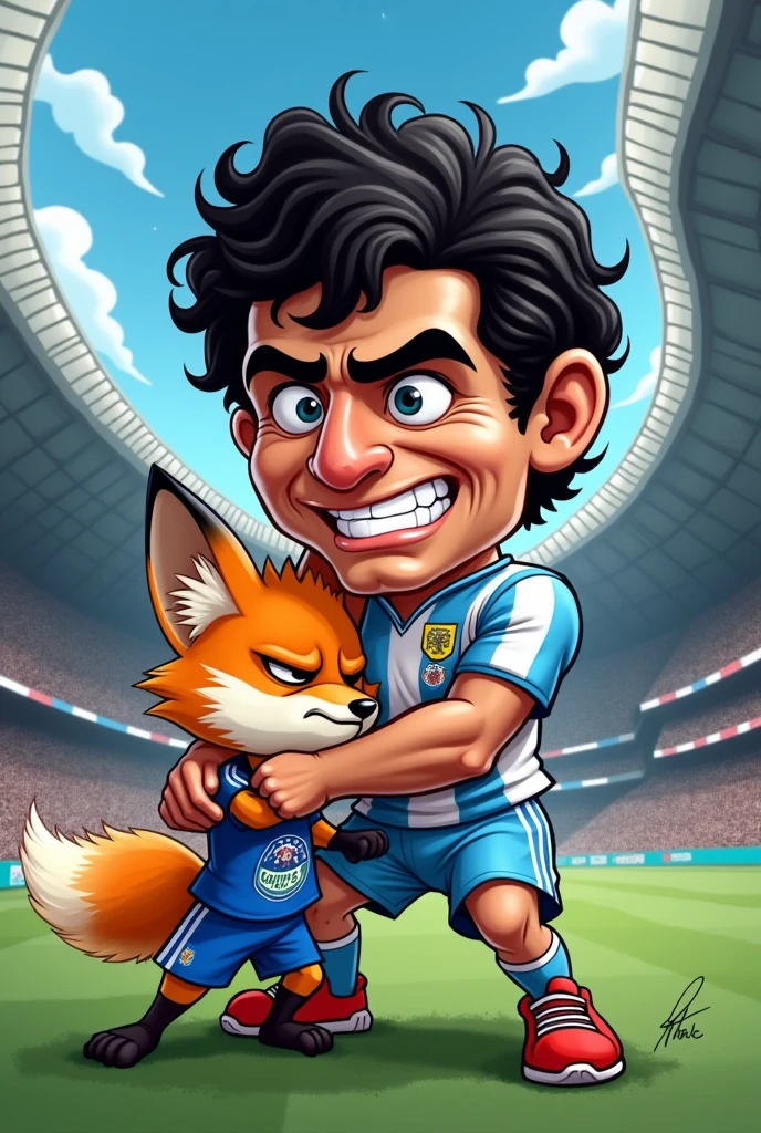 The player Diego Maradona cartoon version wearing the Boca Júniors shirt holding a sad fox by the neck wearing the Cruzeiro Esporte Clube shirt in a soccer stadium.