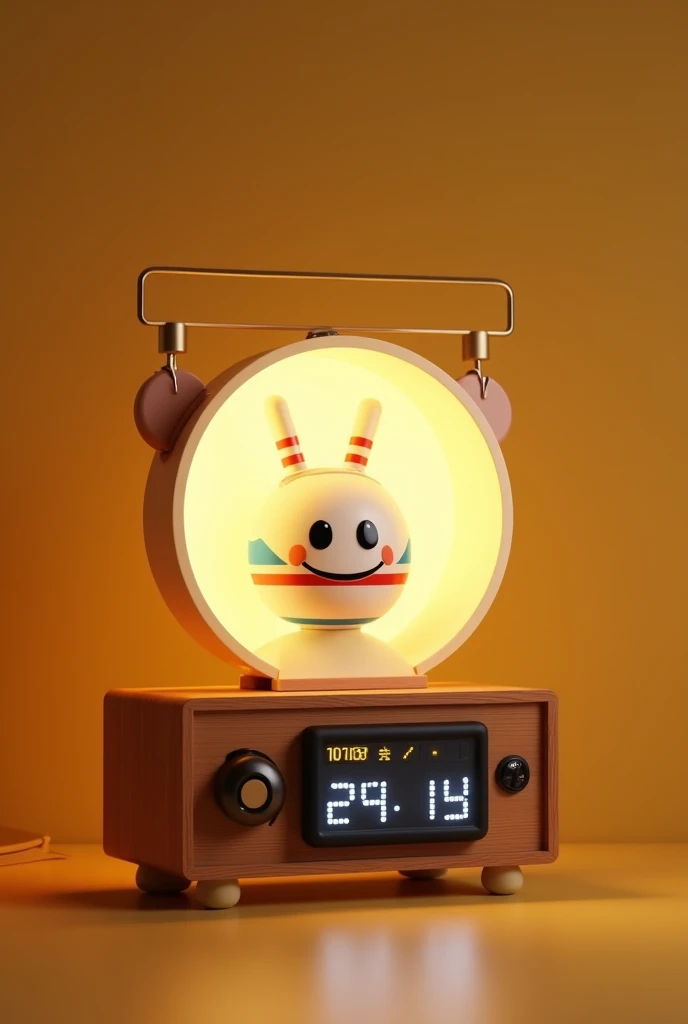 I wanted a semi-circle on top of a rectangle., but it was a lampshade. in front of the wooden rectangle there would be a digital clock. in the middle circle there would be a happy face and two antennas. He would be white with stripes of primary colors