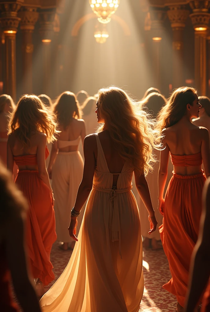 (photorealism:1.2), 12 beautiful young harem girls, sexy harem girls costumes, European blonde and brunette straight hair, dancing sexy in pink harem Arabian room, realistic, intricate details