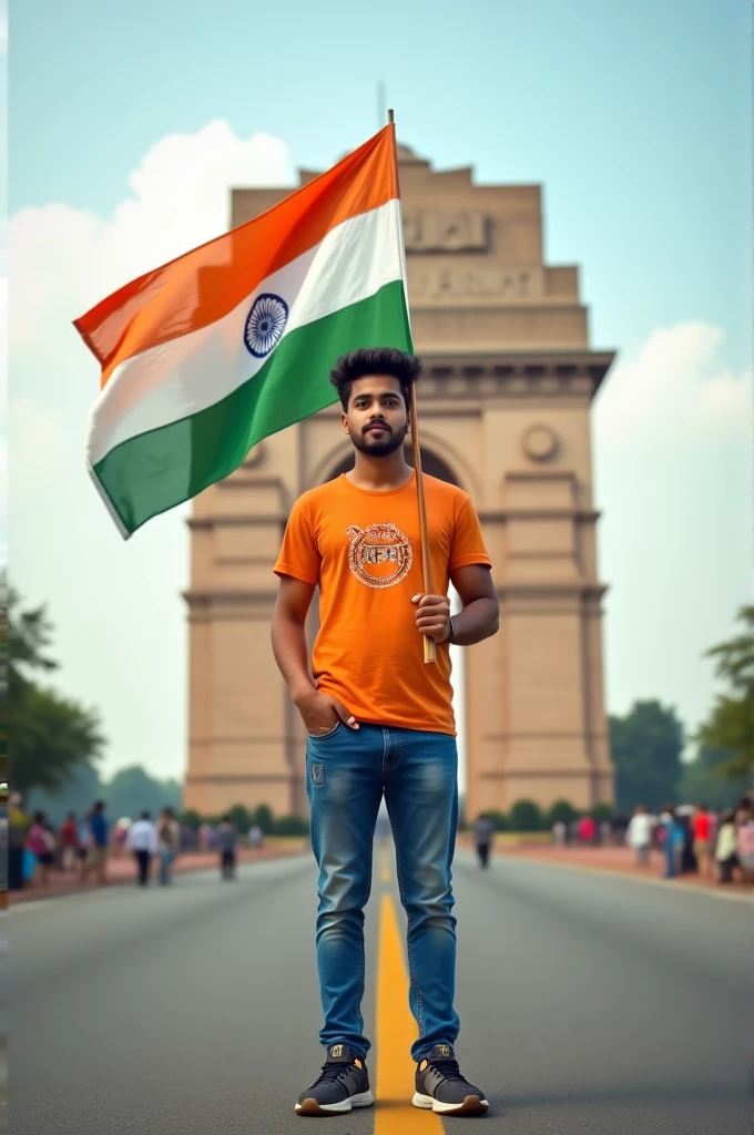 A real 20 years old boy, Wearing Orange T shirt blue jeans sneakers and the name "Rafel" is written on his t-shirt and the boy is standing on the road with holding a national flag of India, and behind him is the India gate Delhi. And "Happy Independence Day 2024" written at above sky Create Realistic image high quality.