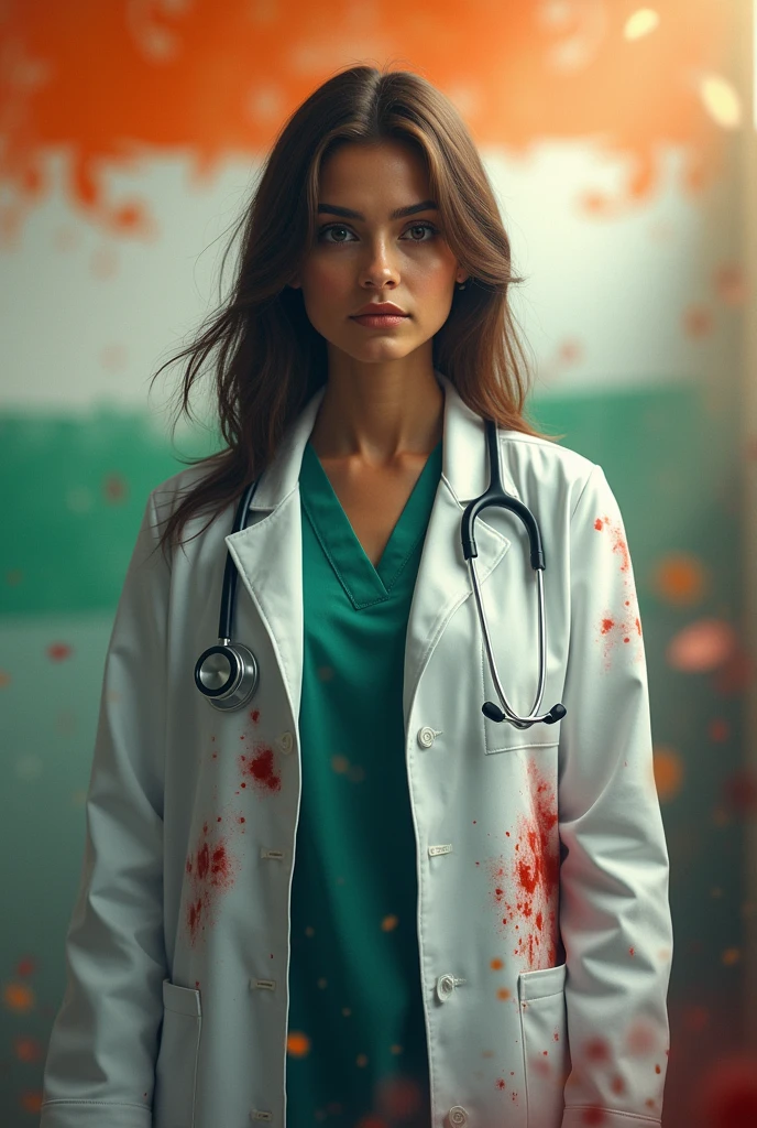 Female doctor with blood on white coat face blurred. Add a background of Indian flag color