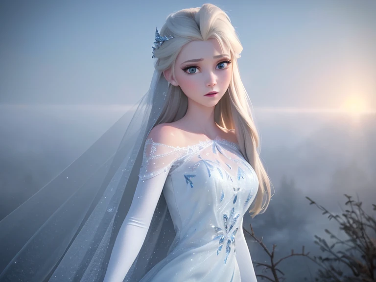 (((Foggy Background:1.3, fantastic mist, Mysterious Fog:1.3))), elsa of arendelle, long hair, white cape, blue ice dress, snow, ice, Crystal Castle, posing like a model, very beautiful face, crystals, dreamy and fantastical atmosphere, Ultimate beauty, Looking at the viewer, Winter Scenery, ((masterpiece, best quality, Highly detailed CG, high resolution)), 8k wallpaper