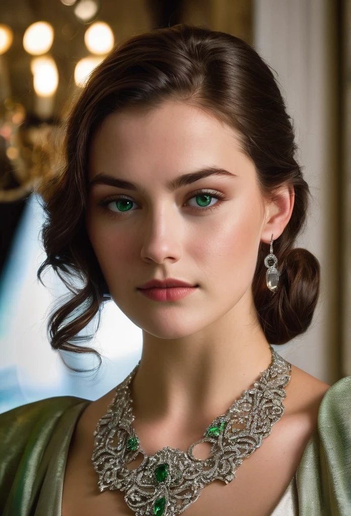 A beautiful 24-year-old woman with chestnut brown hair and deep green eyes is attending an opera. She’s dressed in an elegant gown with her light leather jacket draped over her shoulders. Her fair complexion and light freckles are illuminated by the grand chandelier light. She wears her silver necklace with a small pendant, her expression one of anticipation and delight."