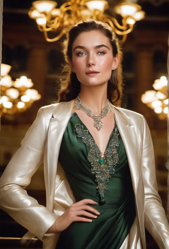 A beautiful 24-year-old woman with chestnut brown hair and deep green eyes is attending an opera. She’s dressed in an elegant gown with her light leather jacket draped over her shoulders. Her fair complexion and light freckles are illuminated by the grand chandelier light. She wears her silver necklace with a small pendant, her expression one of anticipation and delight."