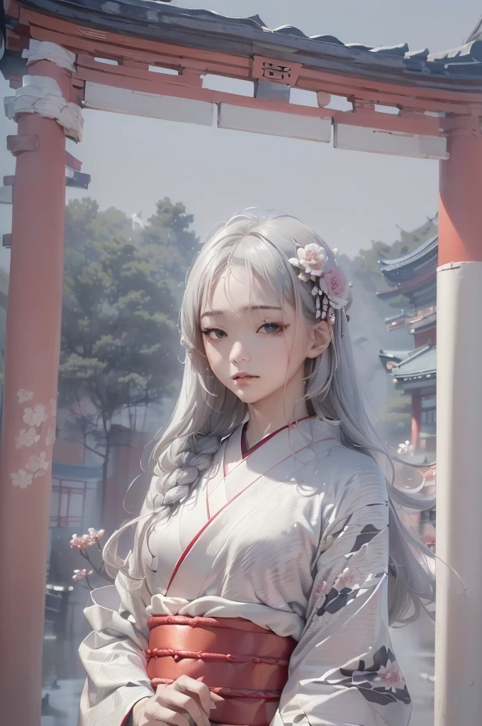((masterpiece:1.5,Highest quality,Beautiful images、Abstract、artistic、)(One person, solo)(Medium chest, Silver Hair、Long Hair、kimono, japanese cloth,Flower pattern kimono、Red kimono)(Profile portrait,Look at me sideways、Look at an angle、shake your head、Sad look, Floating Hair)(Gray background)((from the front:1.3)).face, style
