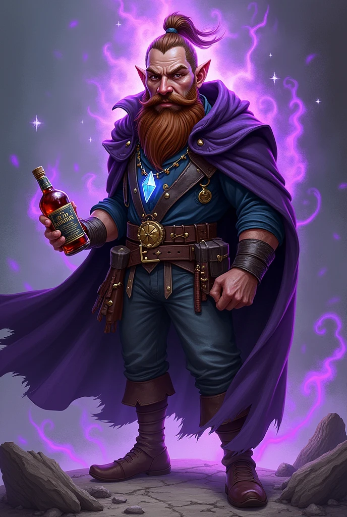 Dnd rock gnome, large nose, athletic build, long brown hair, manbun, short trimmed beard, fantasy warlock, purple glow, dark cloak, holding a rum bottle, wearing a magic crystal necklace, anime warrior, manga artstyle,