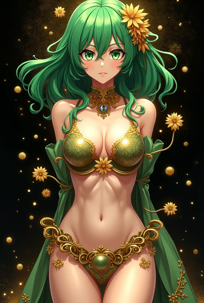 (Tatsumaki), (One Punch Man), big detailed green eyes, green hair, (green eyes), green and gold color palette, Official art, Unity 8k Wallpaper, Ultra-detail, Beautiful and aesthetic, masterpiece, Best Quality, (zentangle, mandalas, Tangle, Entangle), (fractal art:1.3) , 1girl, perfect tits, Extremely detailed, Dynamic Angle, Most Beautiful Form of Chaos, elegant, a brutalist designed, vivd colour, romanticism, Atmospheric, arms behind back, (gold metallic pasties), shiny skin, sexy pose, ((black background)), gold dust, heavy blushing, upper body, straight on, gold metallic flowers, ornate gold elements, gold overload,