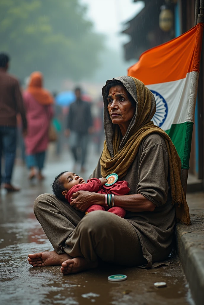 A poor women seating on footpath in crowd. She is breastfeeding. Having some clothes on the head In the rain . She is sailing Indian flag and batches to the people