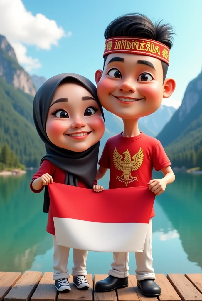 Create a 5D caricature of a short woman wearing a hijab and a tall Indonesian man wearing a batik headband with the word 'INDONESIA' written on it. Both are 23 years old, smiling sweetly. The man has a sharp jawline, thin lips, almond-shaped eyes, sharp eyebrows, and side-parted hair. The woman has chubby cheeks, thick lips, a round jawline, slightly almond-shaped eyes, and sharp eyebrows. They are both wearing red t-shirts, with the man's shirt featuring a 'Garuda Indonesia' batik pattern and the text 'MV.' They are also wearing white pants and black shoes, holding an Indonesian flag celebrating Independence Day. The background shows mountains and a lake. Ensure the text is clear and matches the description