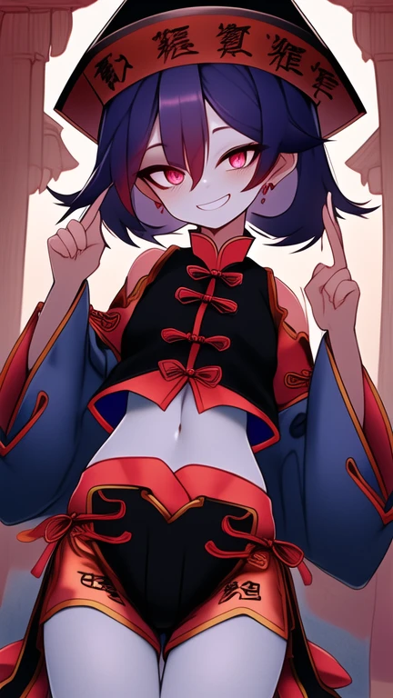 Best quality, Super detailed illustration, warm colors, perfect lighting, (Jiangshi boy:1.6), (blue skin:2,6) , long shaggy unkempt hair ,Jiangshi clothing, long sleeves, black short shorts, open tummy ,open legs, tight clothes, Guangli hat ,smug smile, happy , a femboy, small waist, wide hips, slim, perfect body, tricky glance, Scarlet eyes, black and lilac color of clothes