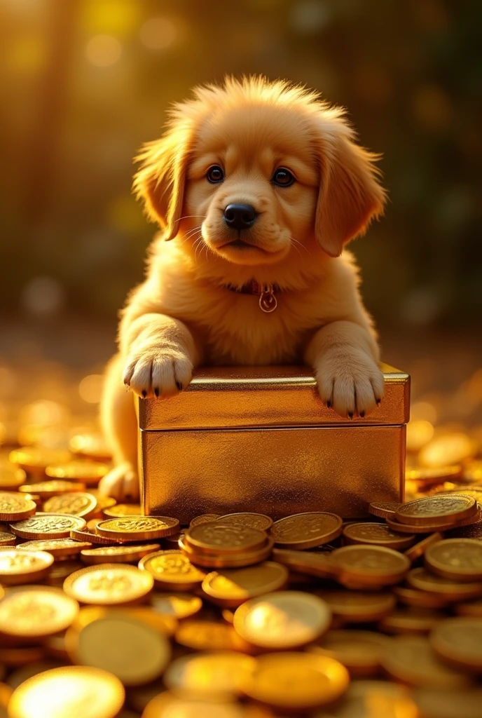 Pile of gold, Gold coins, dog, Gold coins이 하늘에서 쏟아진다. Dazzling golden, golden light, The Golden Box, Gold Coin, 